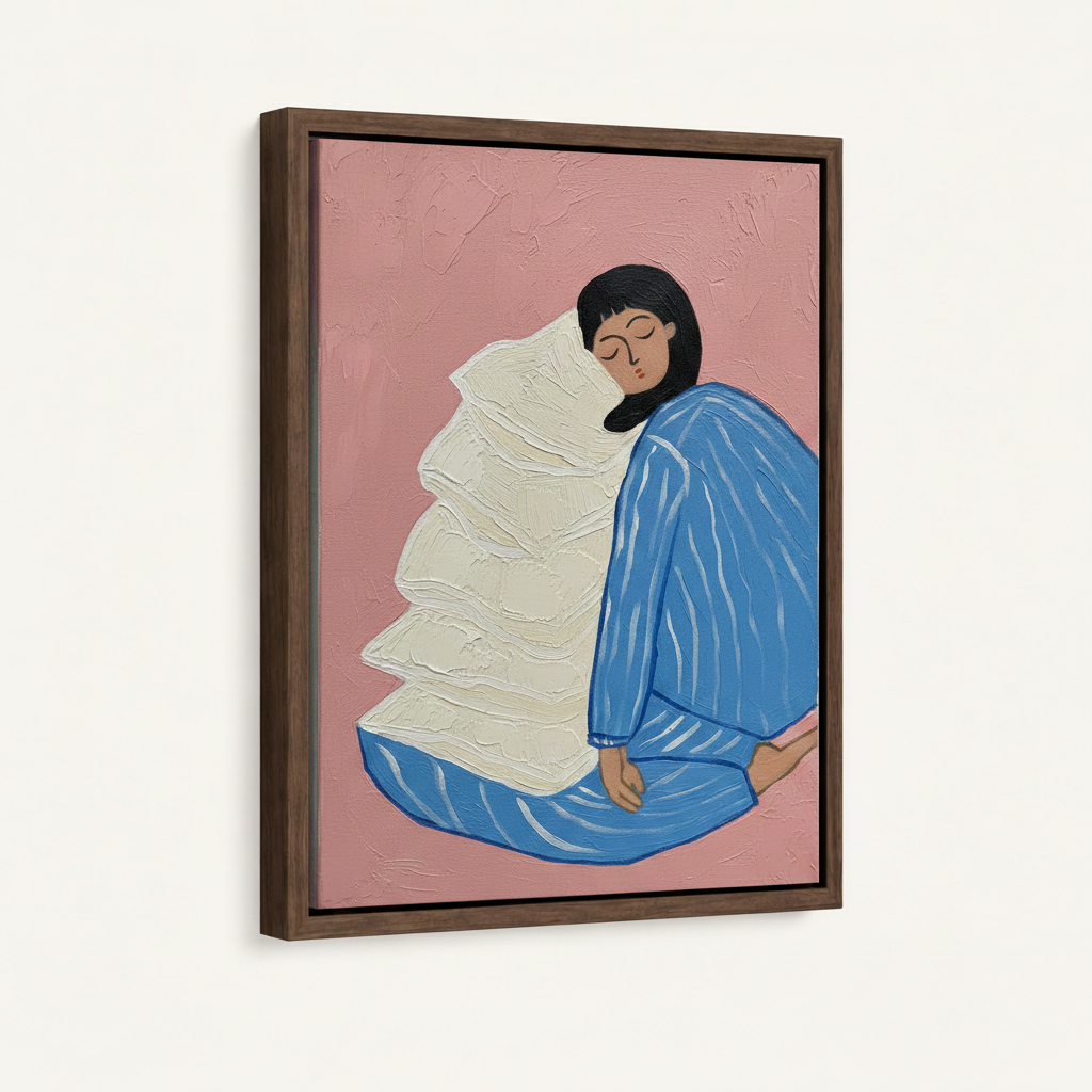 Framed impasto oil painting canvas print, dark walnut floating frame, 3/4 angle view on clean off-white background