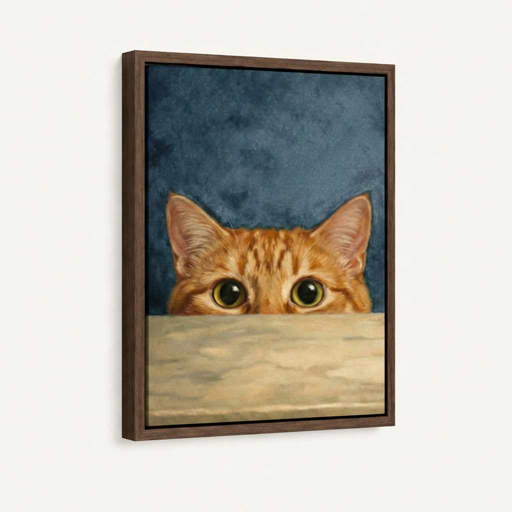 Orange cat with glowing eyes peeking over ledge in warm brown float frame, front-facing product shot