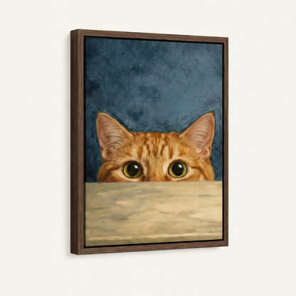 Orange cat with glowing eyes peeking over ledge in warm brown float frame, front-facing product shot
