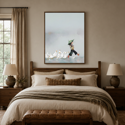 Minimalist goose herder canvas wall art bedroom detail – close-up of zen ink illustration showing black-clad figure and white geese in spare brushwork by Aurewall