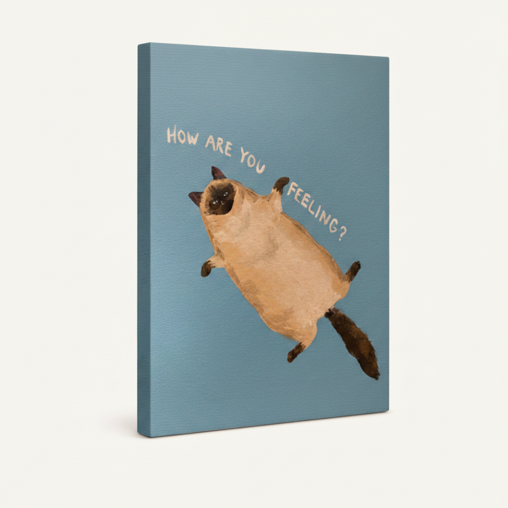 Stretched canvas Siamese cat folk art print, gallery wrap side view on white background
