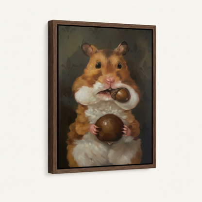 Hamster acorn oil painting in dark walnut float frame with uniform black gap, angled product view