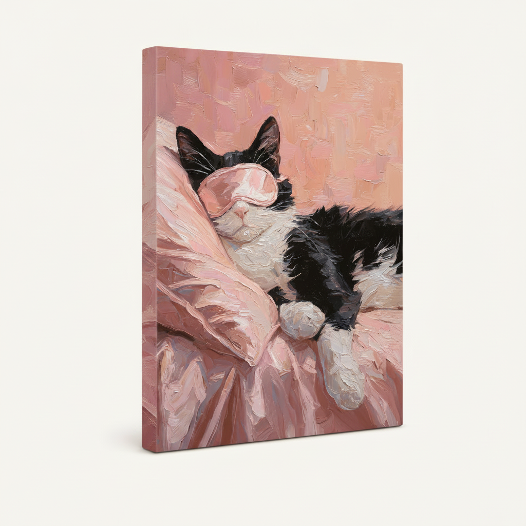 Gallery wrap sleeping cat canvas with pink-toned painted edges on off-white background