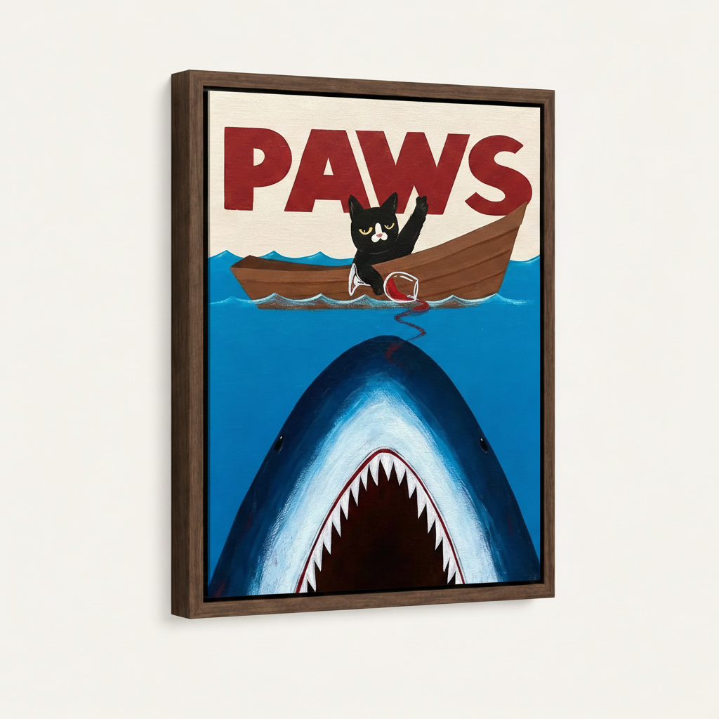 PAWS vintage poster wall art in dark walnut floating frame, side angle view on white background