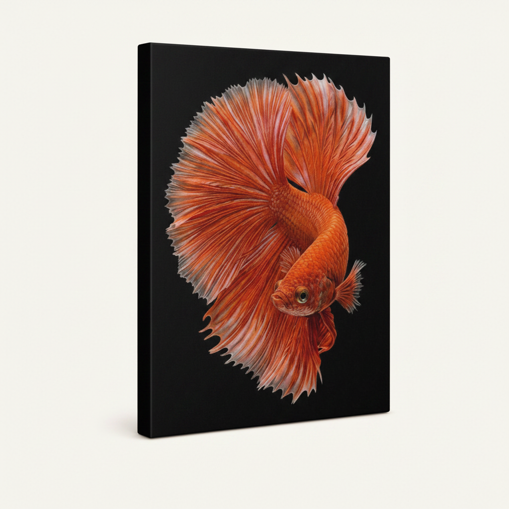 Gallery-wrap betta fish canvas side view showing deep black wrap edge and vivid orange fins