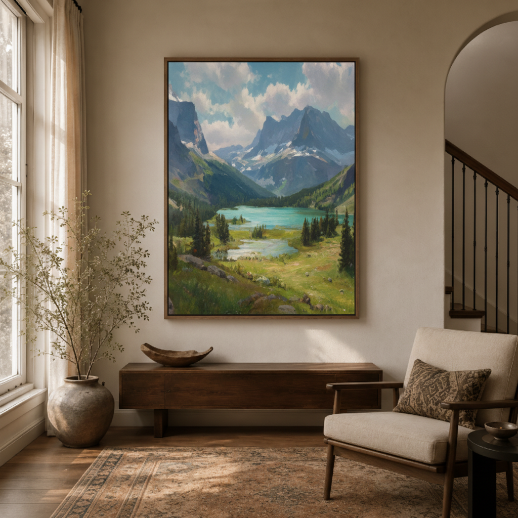 Alpine mountain lake canvas wall art in entryway – scenic nature landscape painting as calming hallway statement piece by Aurewall