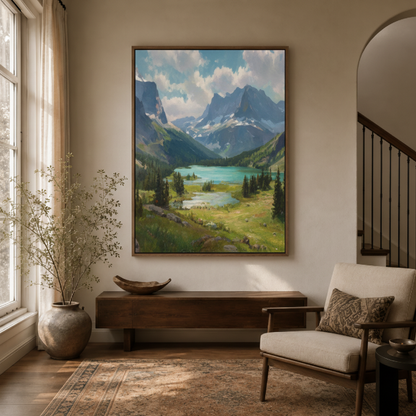 Alpine mountain lake canvas wall art in entryway – scenic nature landscape painting as calming hallway statement piece by Aurewall