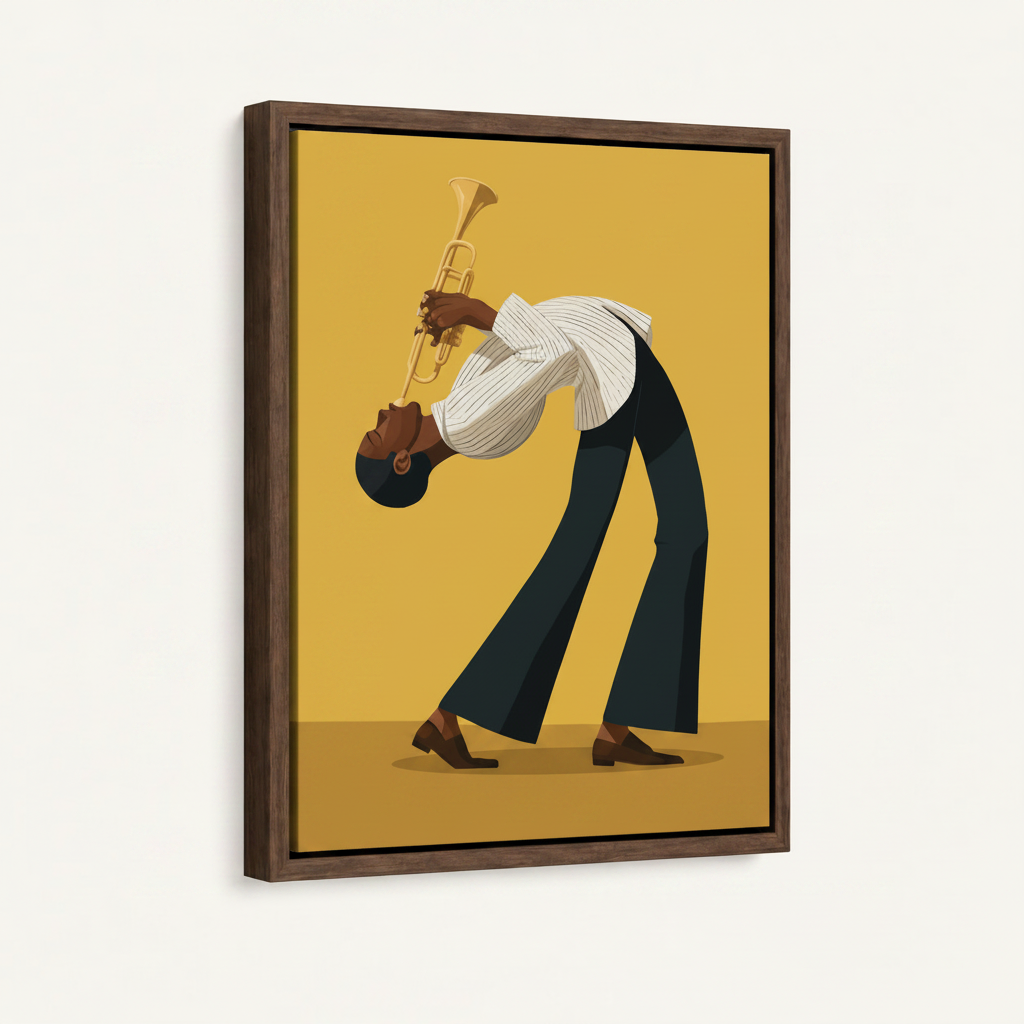 Floating frame jazz musician canvas wall art with mustard background, three-quarter product view