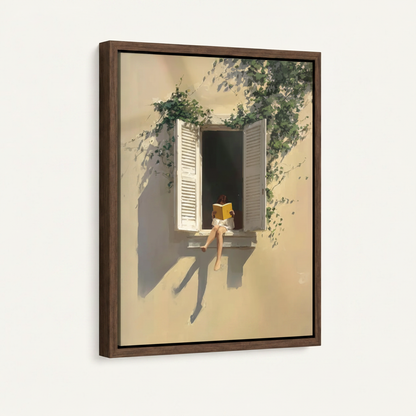 Framed canvas reading girl wall art with dark walnut float frame, figurative illustration detail view