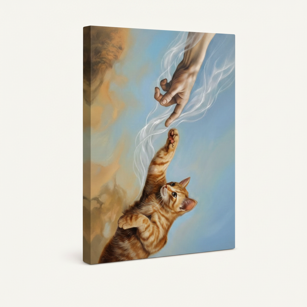 Stretched canvas funny cat Renaissance wall art with sky-toned wrap on white background