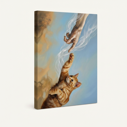 Stretched canvas funny cat Renaissance wall art with sky-toned wrap on white background