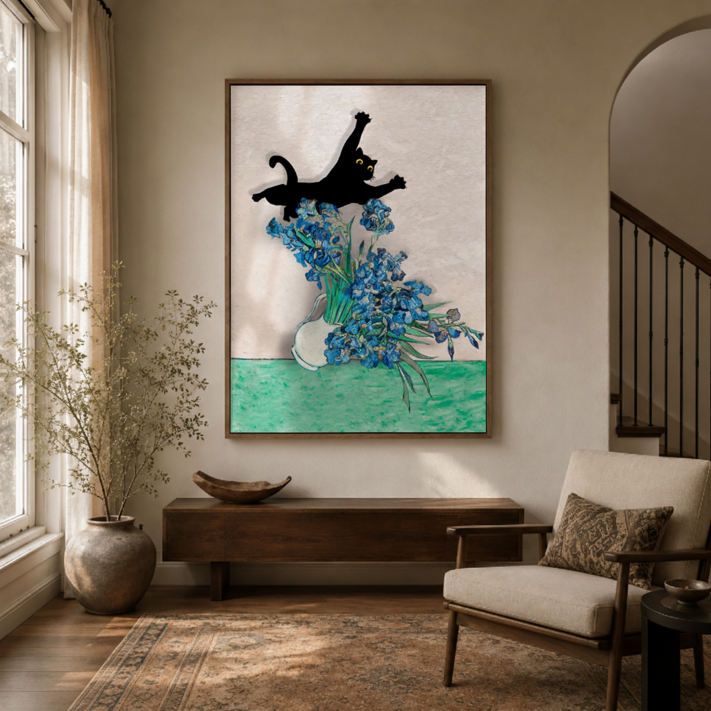 Black cat floral minimalist canvas wall art in entryway – modern illustration with leaping cat and teal blooms as playful hallway statement piece by Aurewall