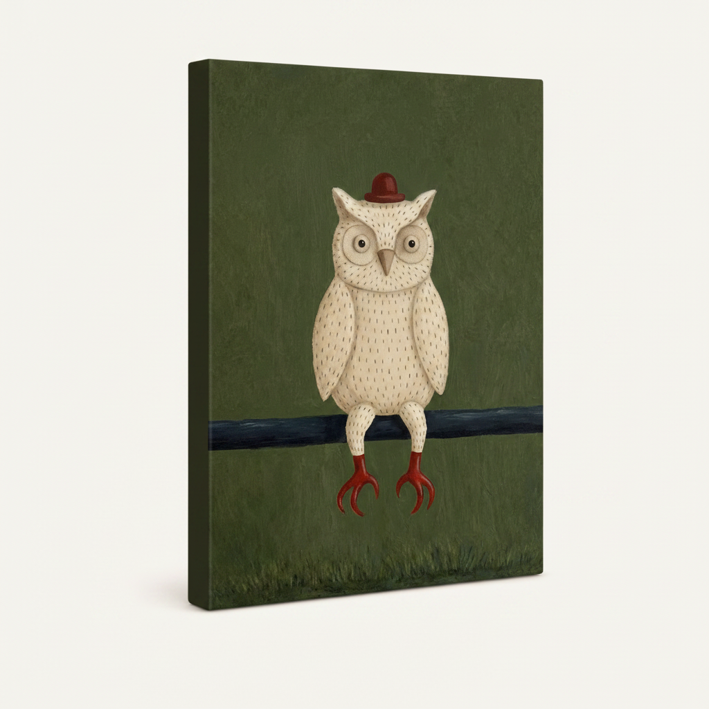 Gallery wrap whimsical owl canvas with clean painted edges on off-white background