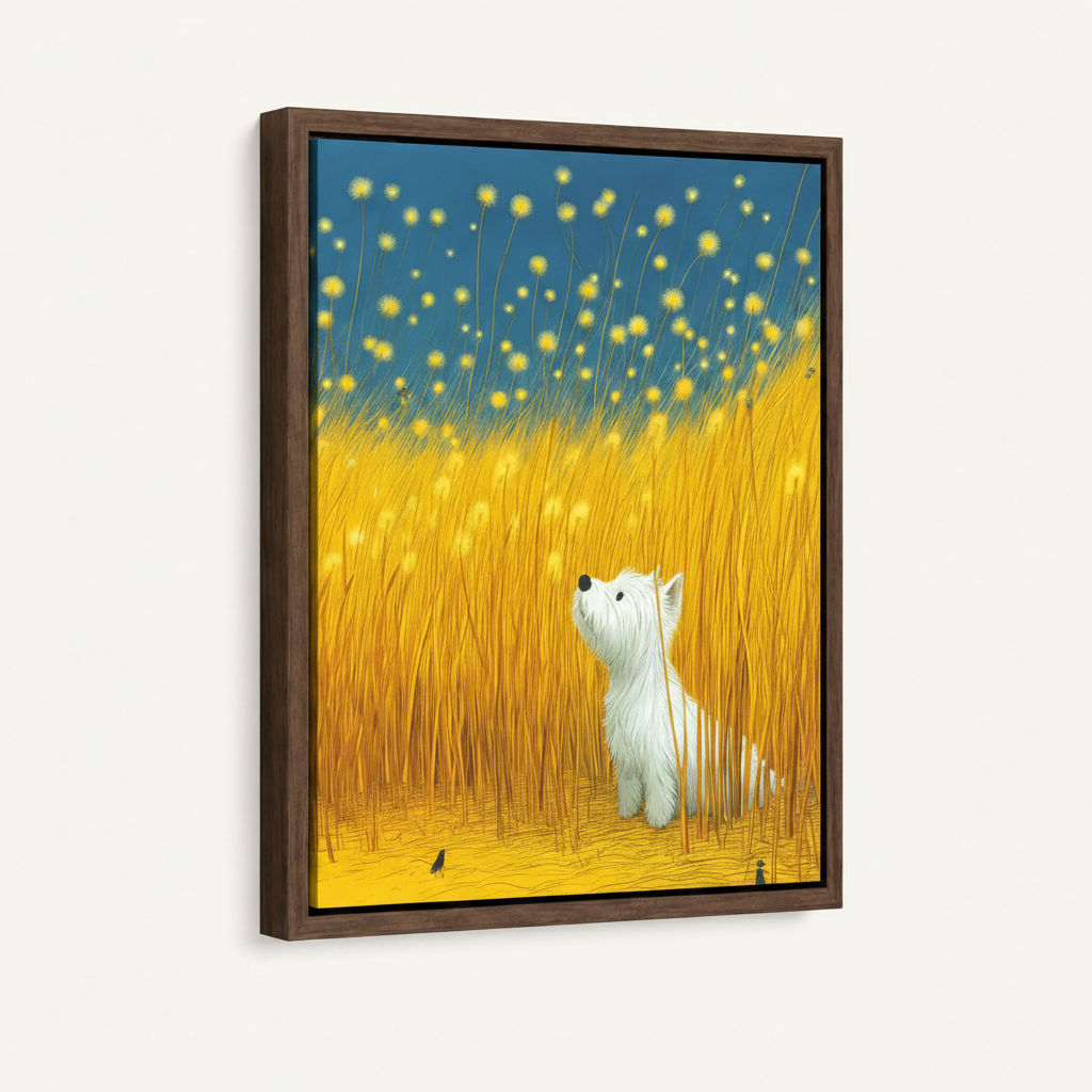 Framed Westie dog Japanese flat art print with dark walnut float frame product mockup