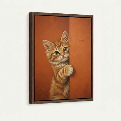 Framed canvas close-up of ginger kitten peeking around corner – vintage oil painting style cat art by Aurewall