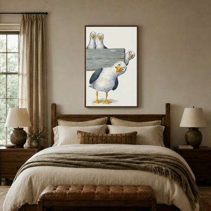 Humorous seagull canvas art above dark walnut bed headboard in a warm neutral bedroom