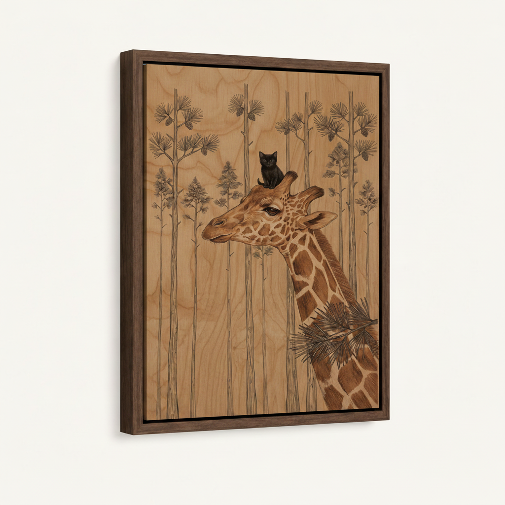 Float frame canvas mockup of giraffe with black kitten on maple wood grain background
