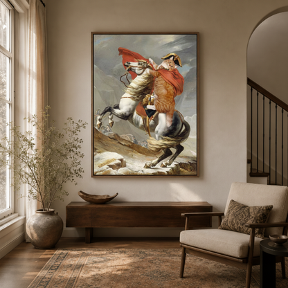 Classical Napoleon crossing Alps canvas print in study – iconic academic oil painting with Napoleon on white horse as commanding historical wall decor by Aurewall