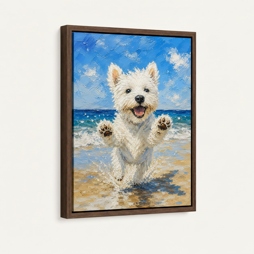 West Highland Terrier beach painting in dark walnut float frame, 3/4 angle product view