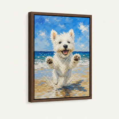 West Highland Terrier beach painting in dark walnut float frame, 3/4 angle product view