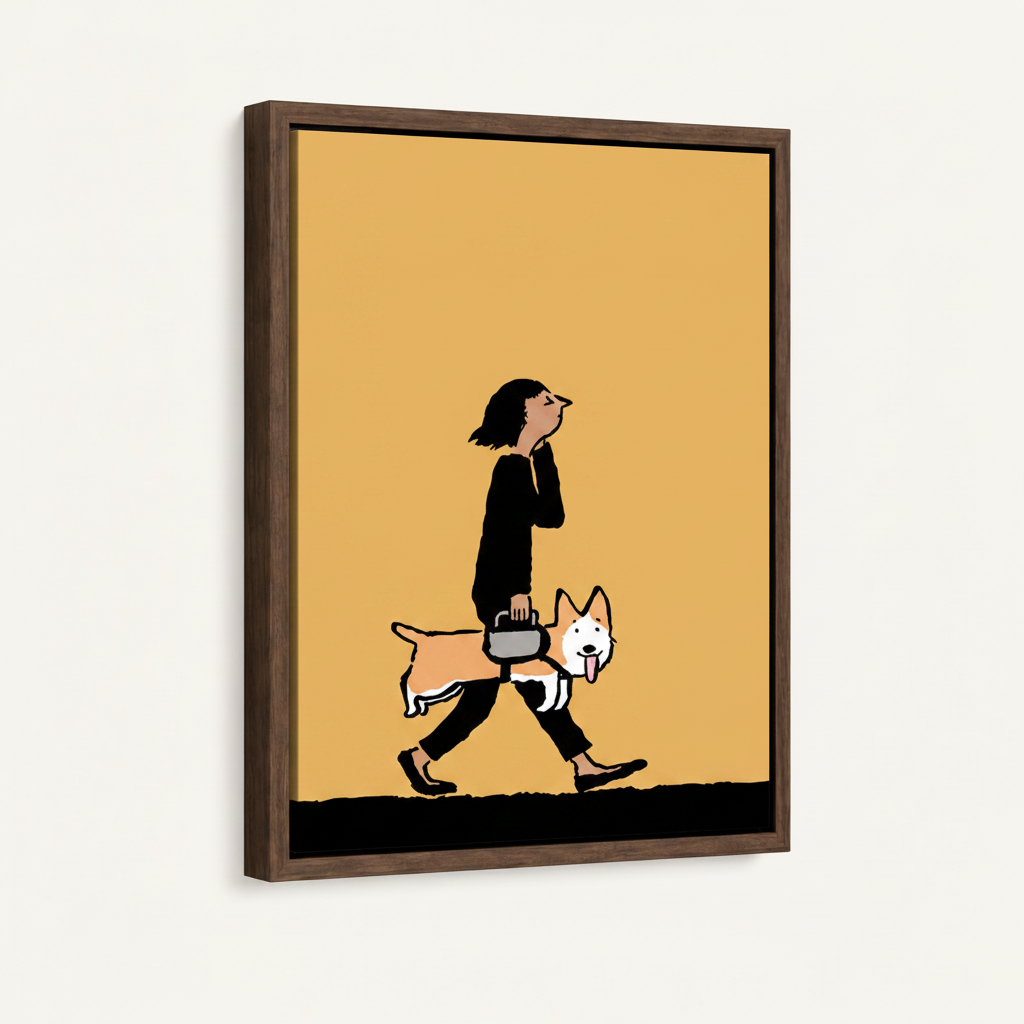 Float framed canvas print of woman walking corgi in bold minimalist illustration style