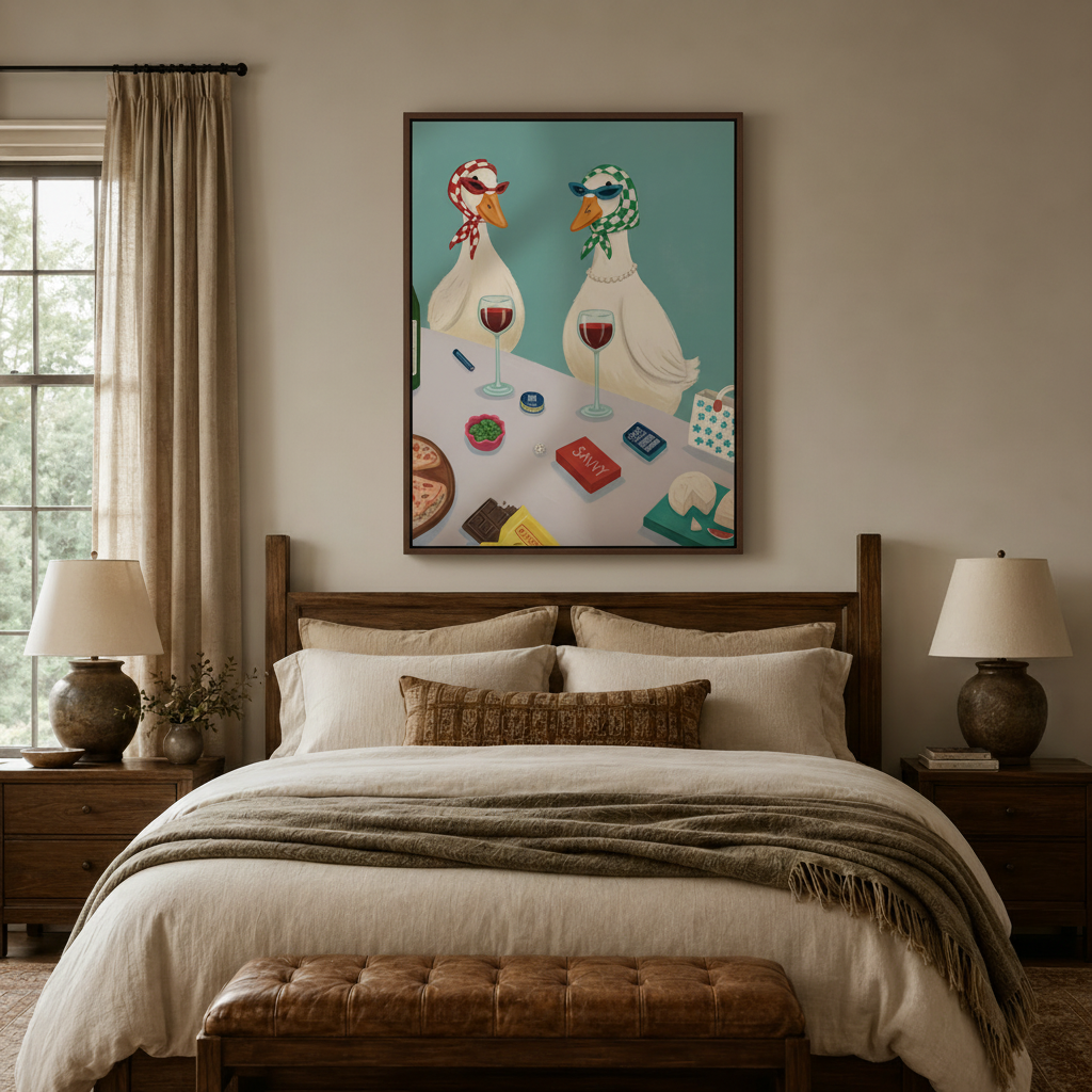 Bold illustrated duck wine art above dark walnut bed headboard in a warm neutral bedroom