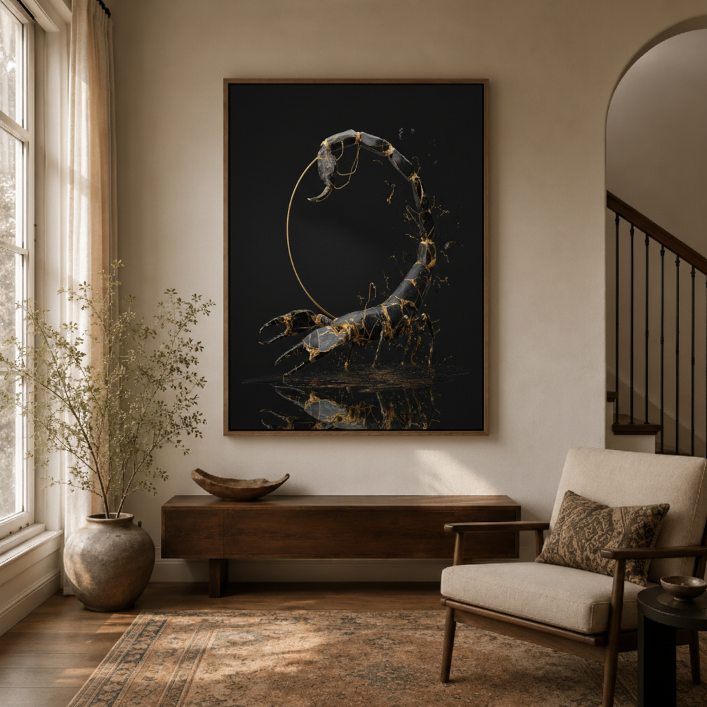 Dark minimalist Scorpio zodiac canvas wall art in home office – metallic 3D scorpion illustration on black background as sophisticated astrology wall accent by Aurewall