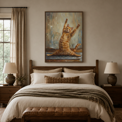 Funny orange tabby cat canvas wall art bedroom detail – close-up of realist oil painting showing joyful cat face whiskers and warm brushwork texture by Aurewall
