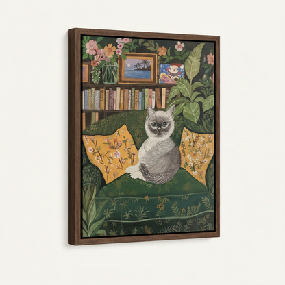 Walnut float frame canvas print featuring folk art cat and tropical botanical design, side angle view