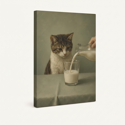 Gallery-wrapped cat watching milk pour canvas, visible side wrap, white background product photography