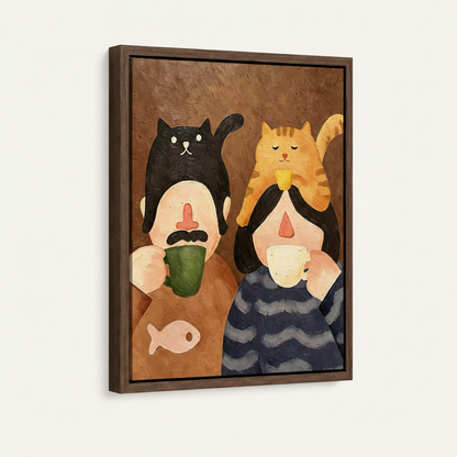 Framed naive oil painting canvas of couple with black and orange cats, dark walnut floating frame, 3/4 angle view