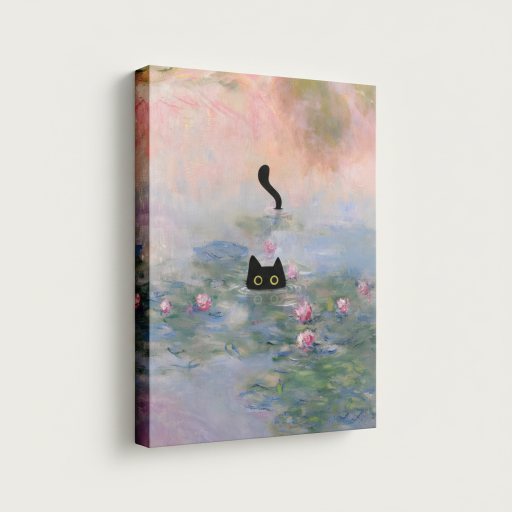 Surreal black cat Monet garden stretched canvas print – unframed impressionist oil painting with black cat overlooking soft purple water lily pond in misty light by Aurewall