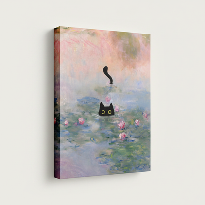 Surreal black cat Monet garden stretched canvas print – unframed impressionist oil painting with black cat overlooking soft purple water lily pond in misty light by Aurewall
