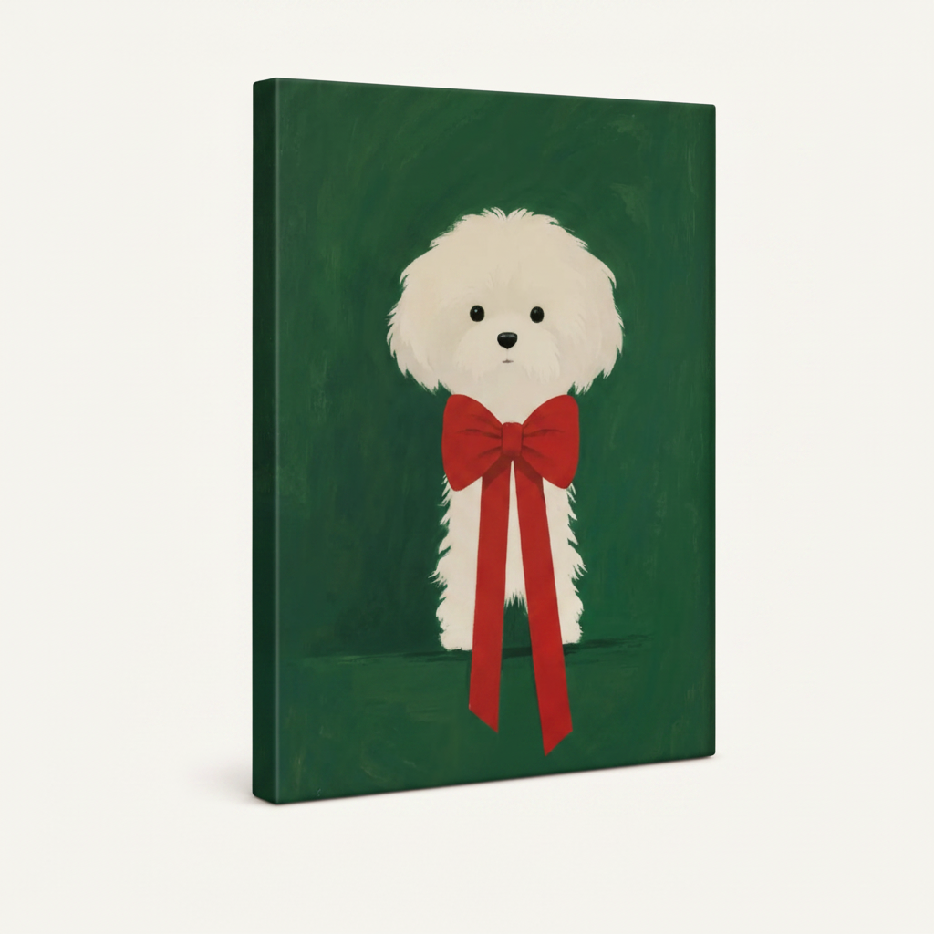Gallery-wrapped stretched canvas of minimalist white dog portrait with red ribbon, side view