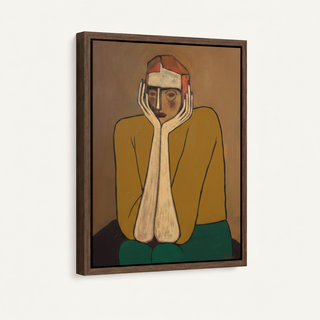Walnut float frame canvas print featuring an expressionist figurative painting, 3/4 angle product view