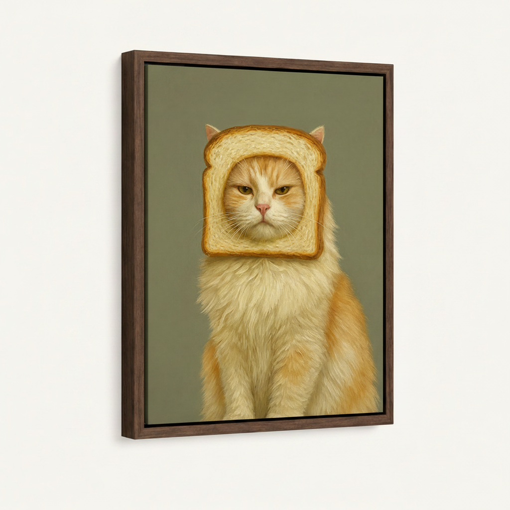 Orange tabby cat in bread slice in warm brown float frame, front-facing product shot