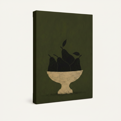 Gallery wrap dark pears still life canvas with olive green painted edges on off-white background