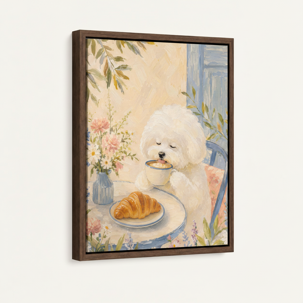 Framed Bichon Frise pastel dog art print with dark walnut float frame product shot
