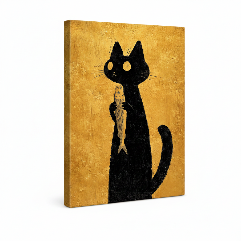 Side view of stretched canvas showing gallery-wrap depth with minimalist black cat and gold textured artwork