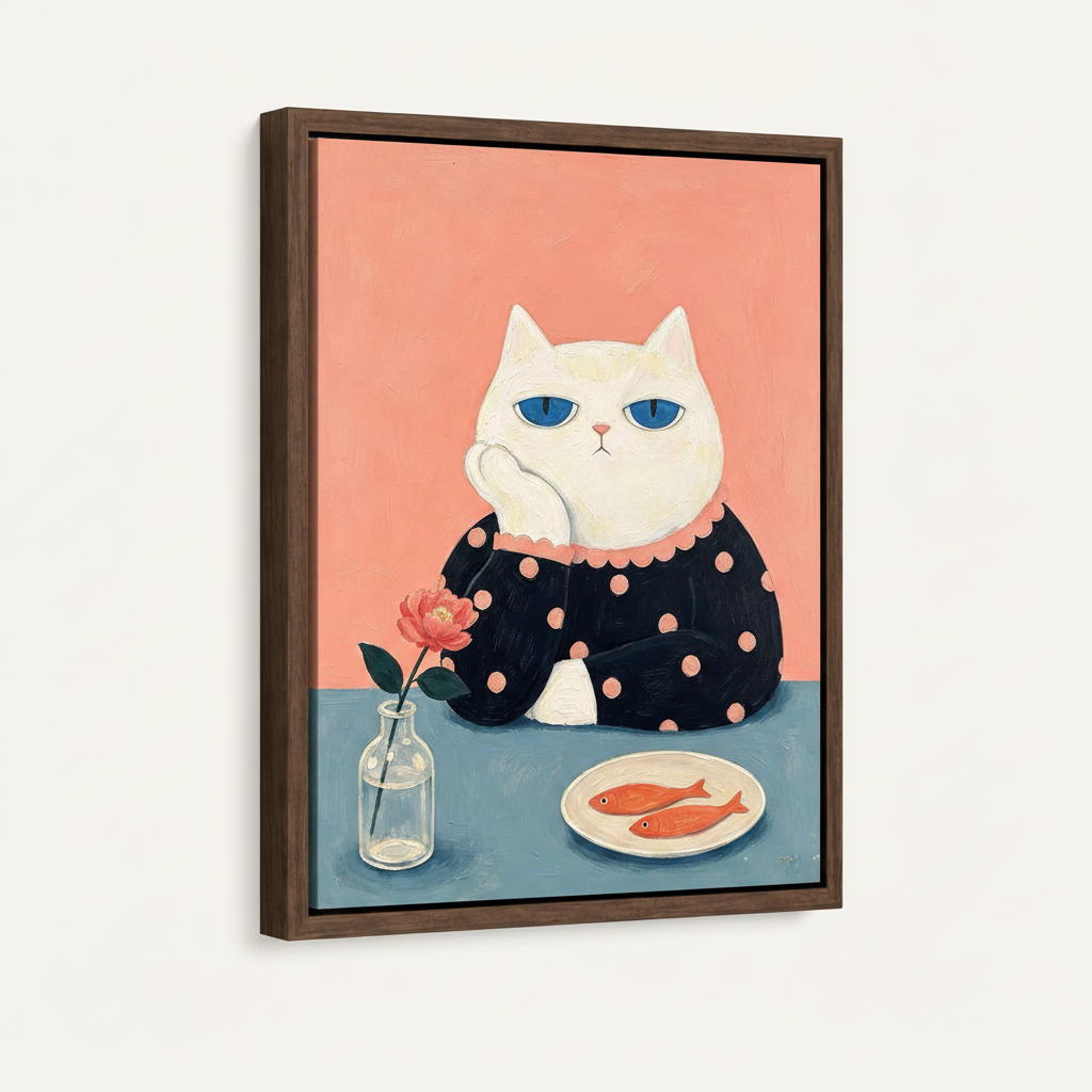  Floating frame canvas wall art featuring whimsical blue-eyed cat portrait, three-quarter product view