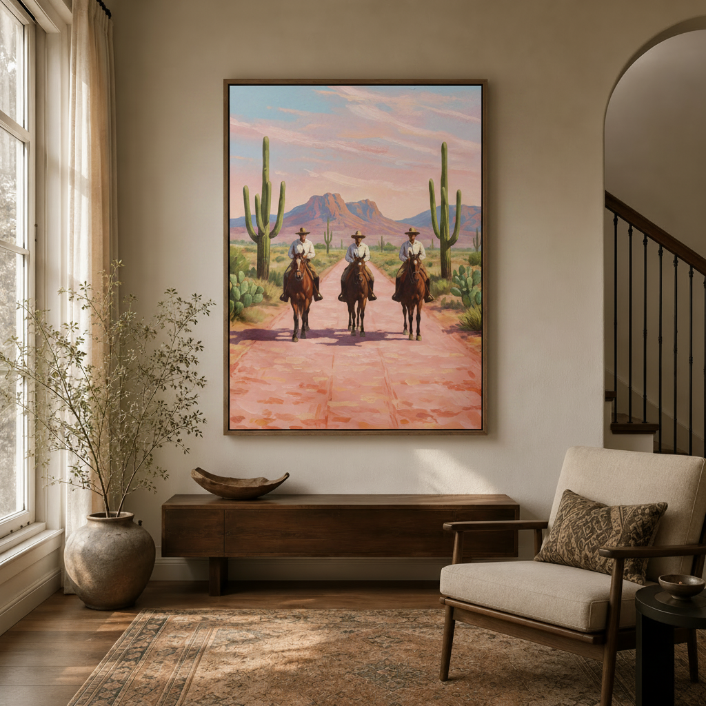 Classic western cowboys oil painting framed canvas in elegant home entryway