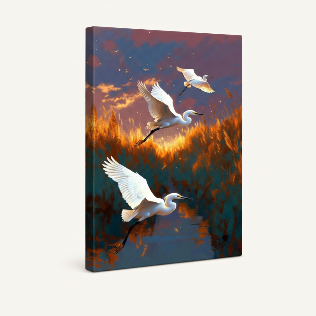Flying egrets golden wetland gallery wrap stretched canvas on white background perspective view