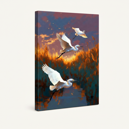 Flying egrets golden wetland gallery wrap stretched canvas on white background perspective view