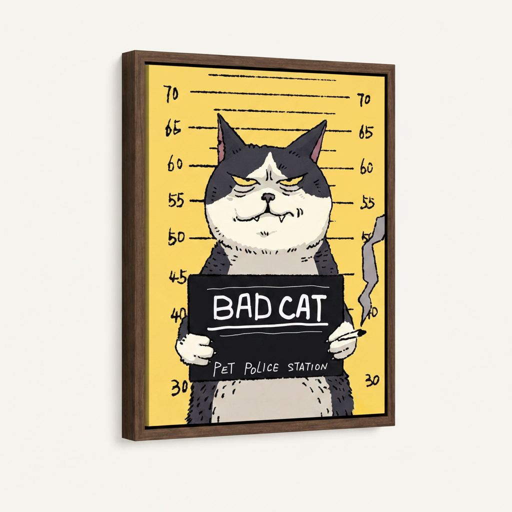 Tuxedo cat holding BAD CAT sign in warm brown float frame, front-facing product shot