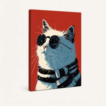 Bold red background cool cat graphic gallery wrap canvas, portrait orientation product mockup