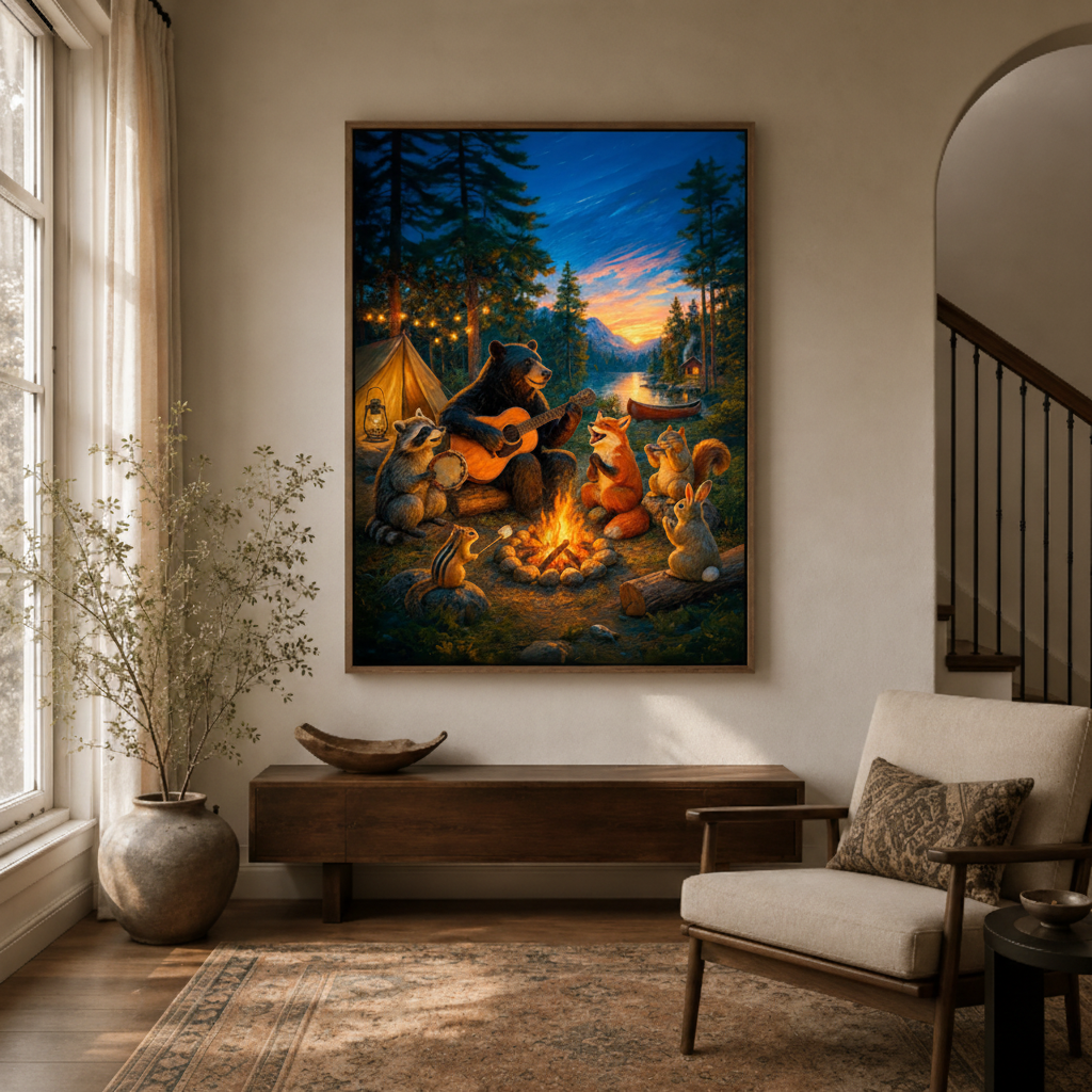 Forest animals campfire canvas wall art entryway detail – close-up of whimsical illustration showing bear with guitar fox and fairy lights in warm glow by Aurewall