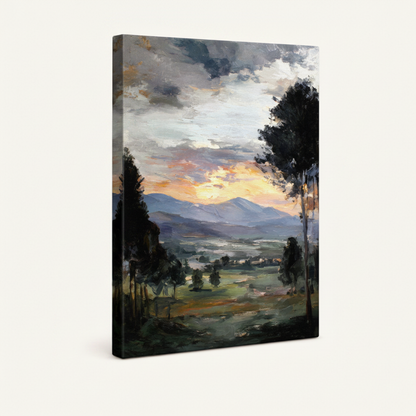 Vintage pastoral landscape stretched canvas print – unframed sunset countryside oil painting with tree silhouettes and distant farmhouse by Aurewall