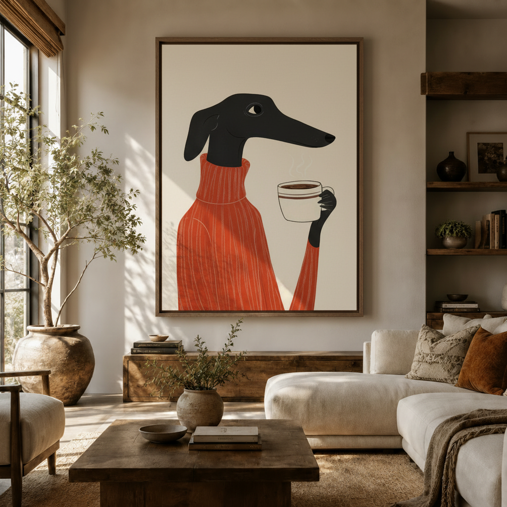 Large greyhound dog canvas print in float frame displayed in a bright neutral living room with white sofa