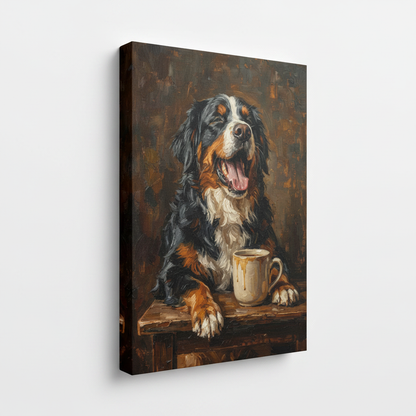 Funny Bernese Mountain Dog stretched canvas print – unframed expressive dog coffee painting with paws on mug by Aurewall