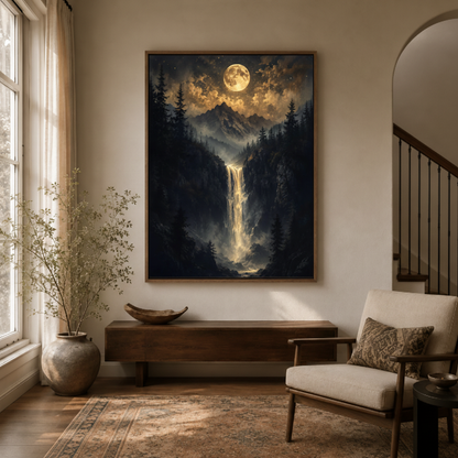 Dark fantasy moonlit forest waterfall canvas print in study – epic oil painting with deer herd beside glowing waterfall under full moon as commanding atmospheric wall decor by Aurewall